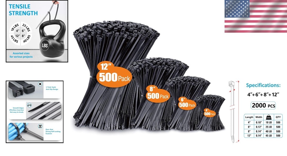 2000 Pack Black Zip Ties - Assorted Sizes, UV Resistant, High Tensile Strength