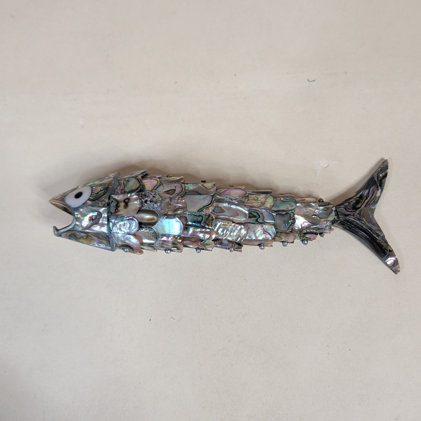 RARE RARE MEX Whimsical Silverplate Abalone Articulated Fish Motif Bottle Opener