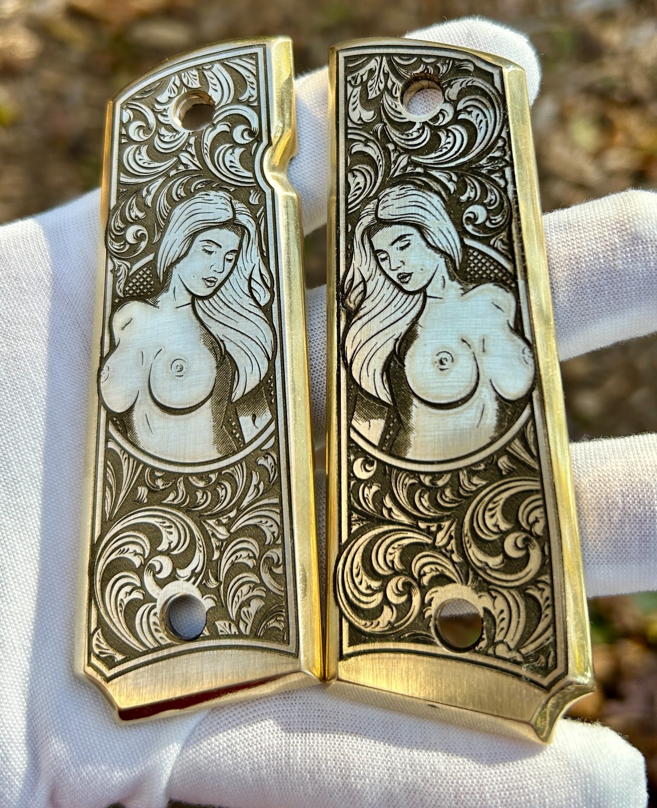 Brass Engraved 1911 Full Size Grips - Pinup Girl Design - Made in USA