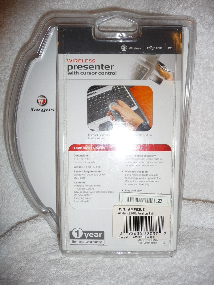 Targus Wireless Presenter With Laser Pointer & Cursor Control AMP03US - NEW