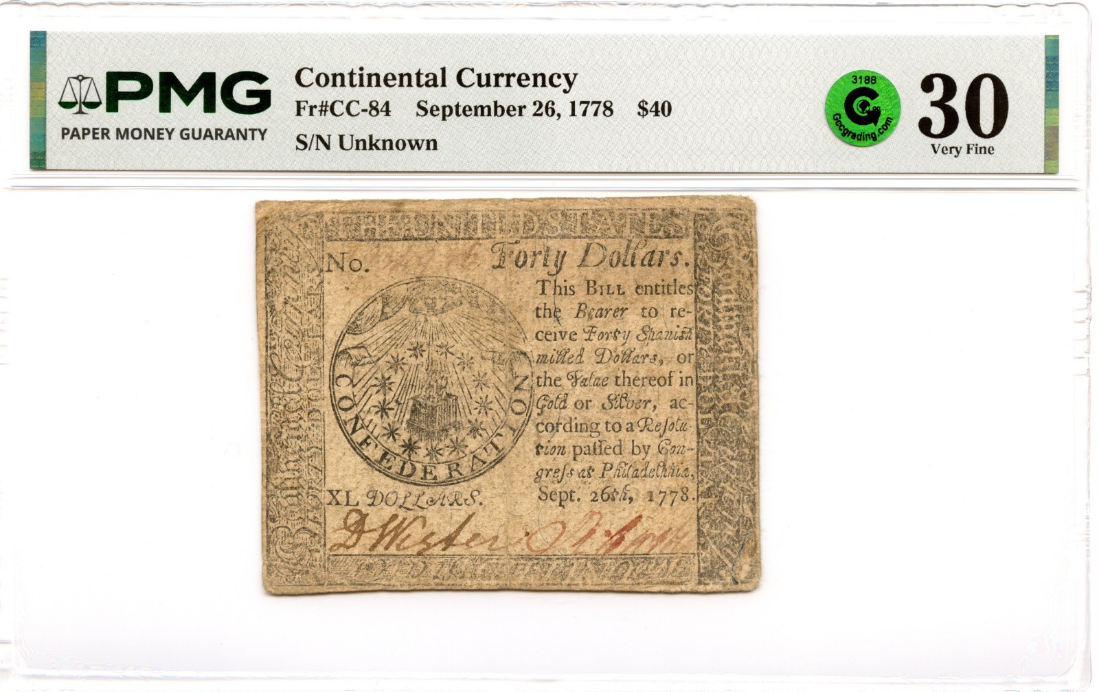 Continental Currency Fr#CC-84 September 26, 1778 $40 PMG VF-30 GCC Green