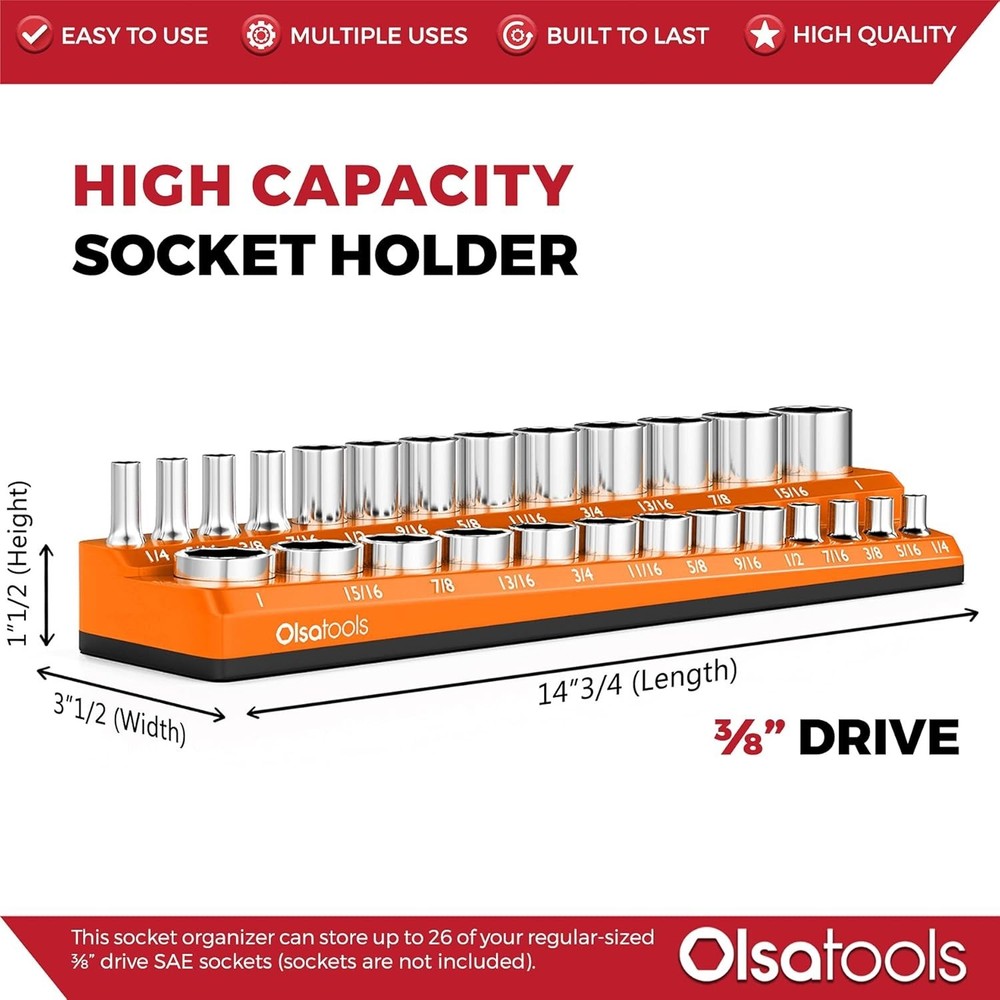 Secure Magnetic Socket Organizer for 3/8-Inch Deep & Shallow Sockets - Orange
