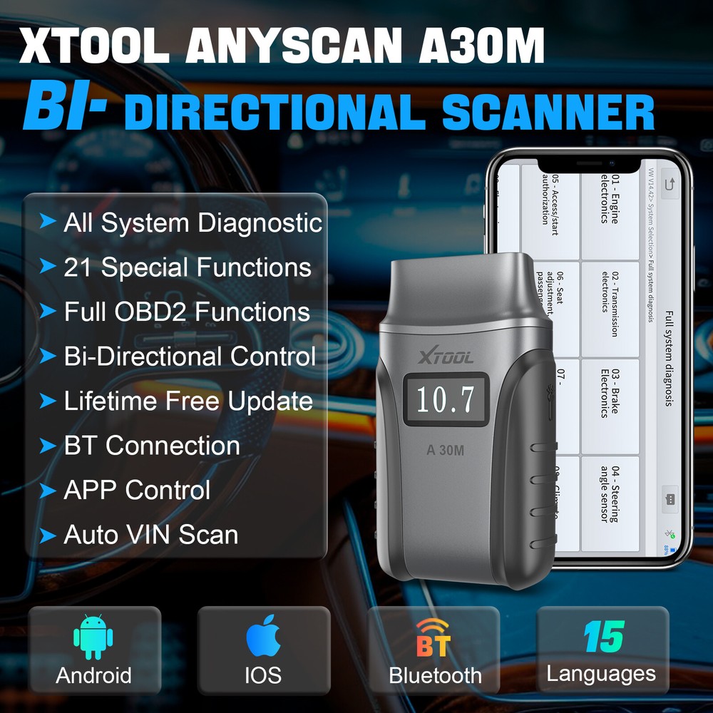 XTOOL A30M Full System Diagnostic Bluetooth Scanner Acitve Test Tool 21+ Service