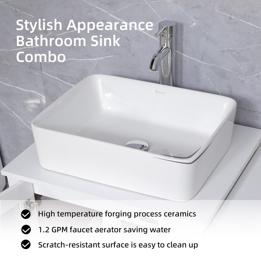 36" White Bathroom Vanity Combo Ceramic Rectangle Vessel Sink Side Cabinet Set