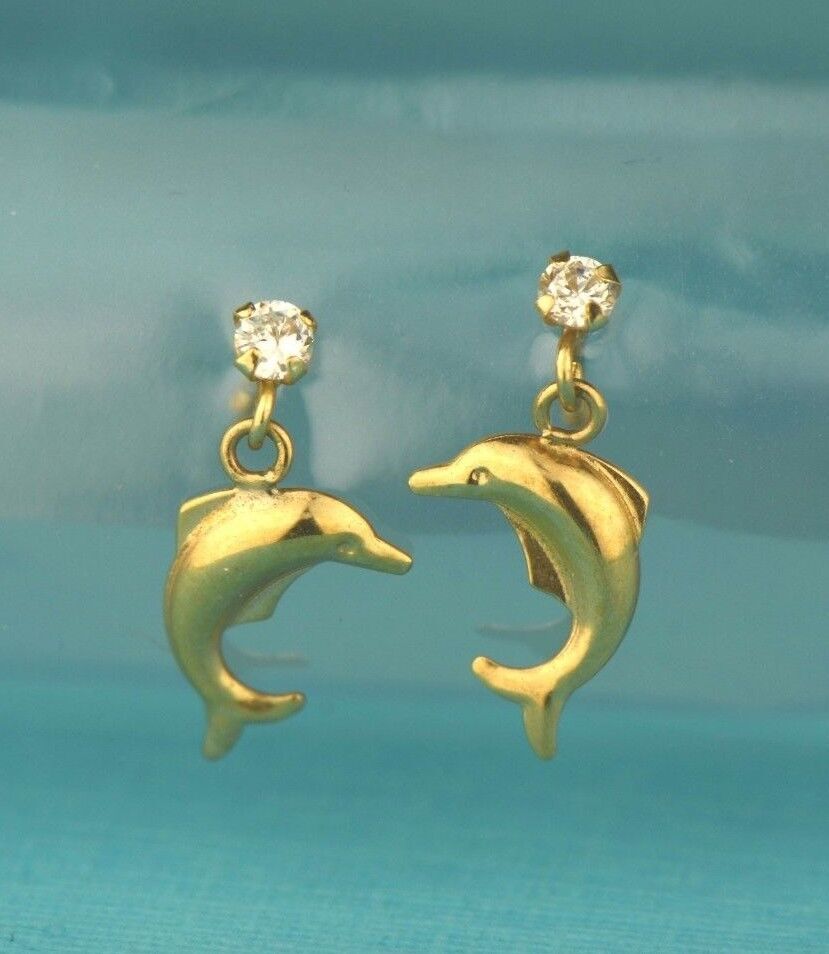 14k Yellow Gold CZ Dolphin Stud Earring