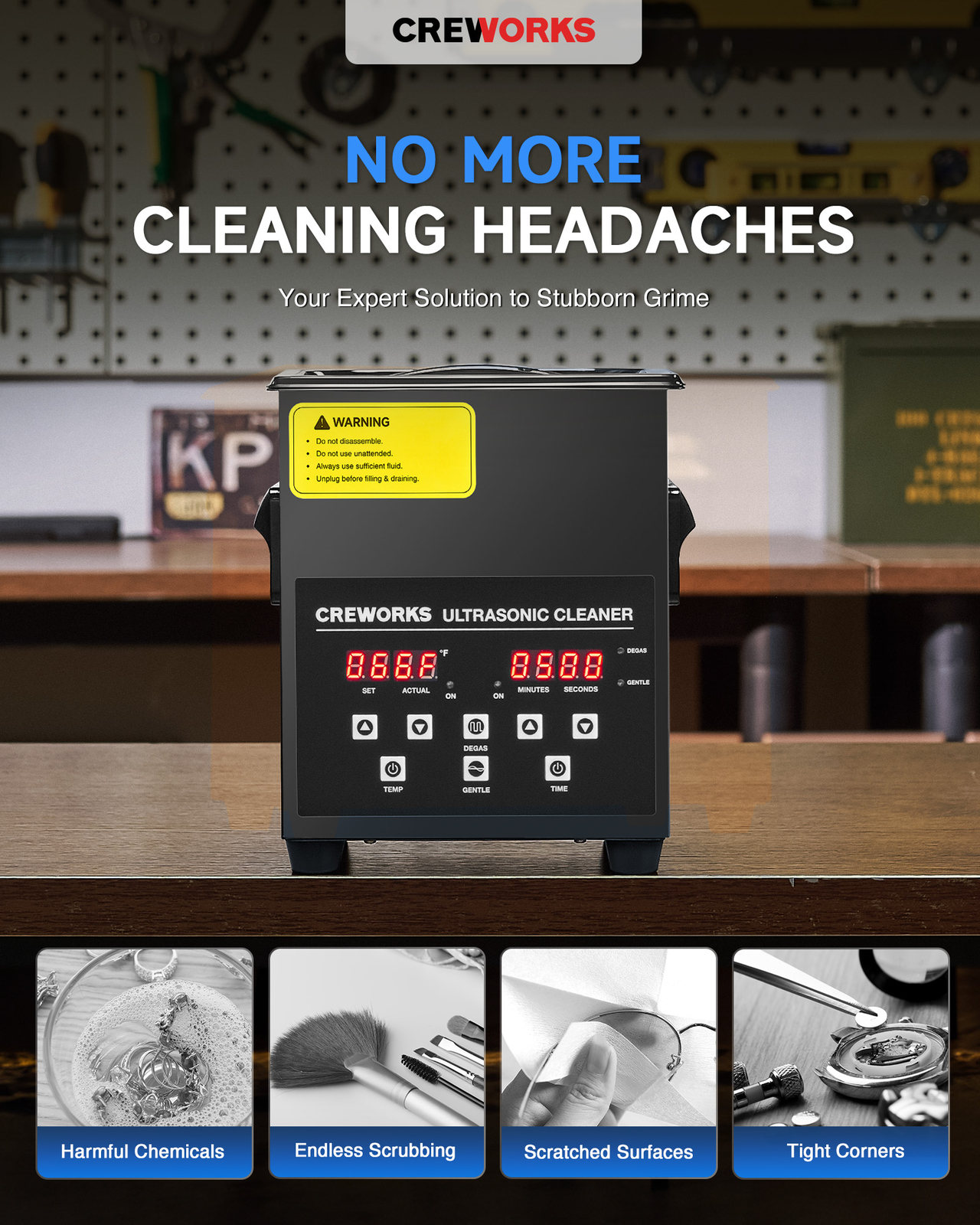 CREWORKS 2L to 30L Digital Ultrasonic Cleaner Titanium Steel w/ Degas & Gentle