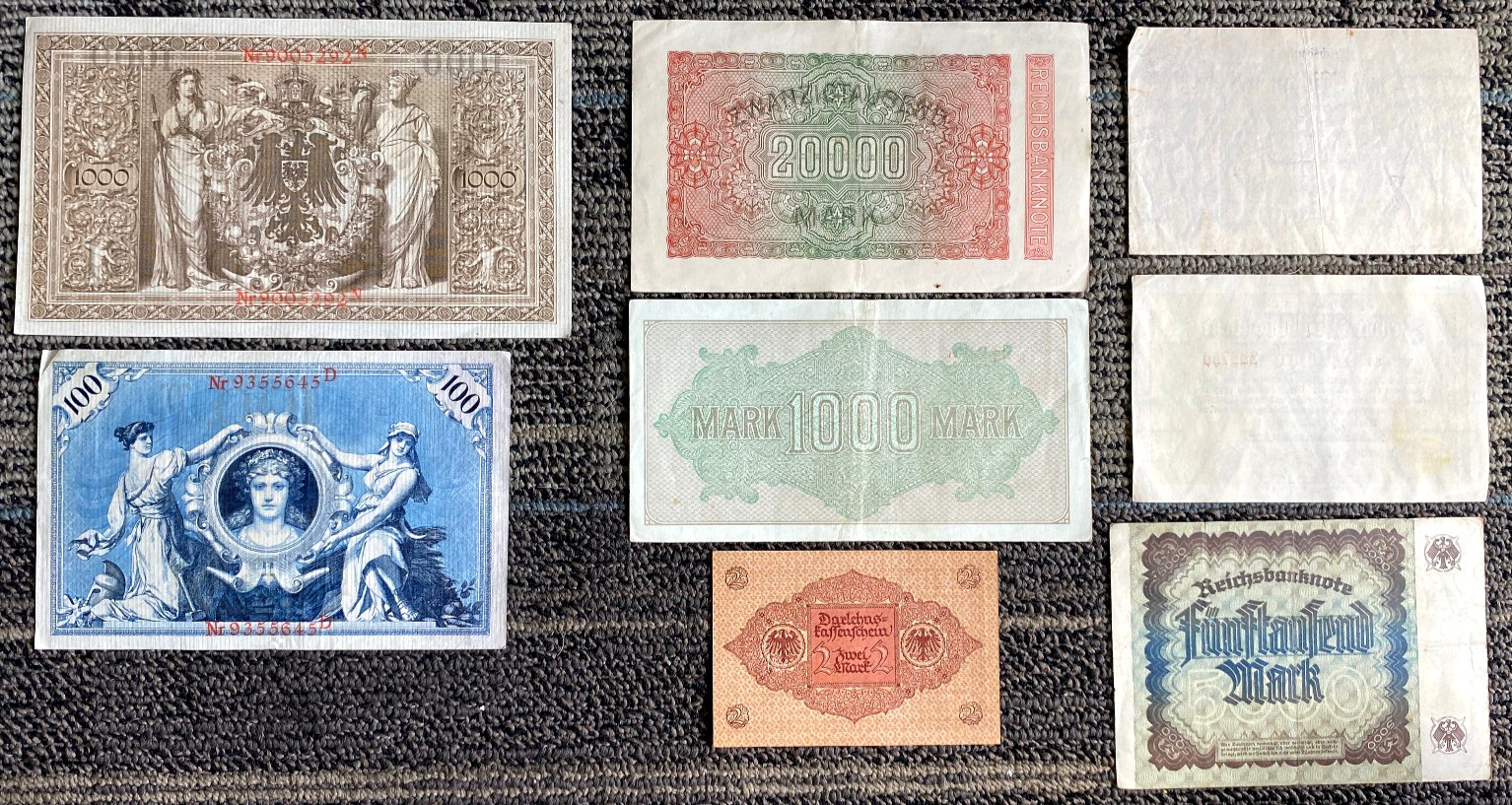 RARE German Banknote Set WWI & Hyperinflation 1908–1923 (8 Notes) - 100+ Yrs Old