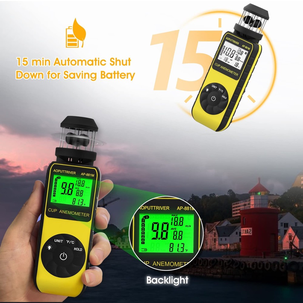 Wind Cup Anemometer with 360°Direction, Handheld Wind Speed Meter Temp℃/℉ Mea...