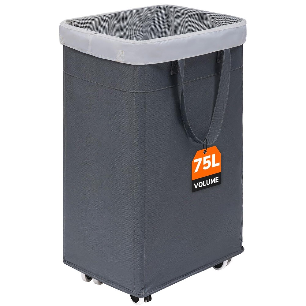 75L Rolling Laundry Basket with Wheels Collapsible Hamper for Dorms Grey