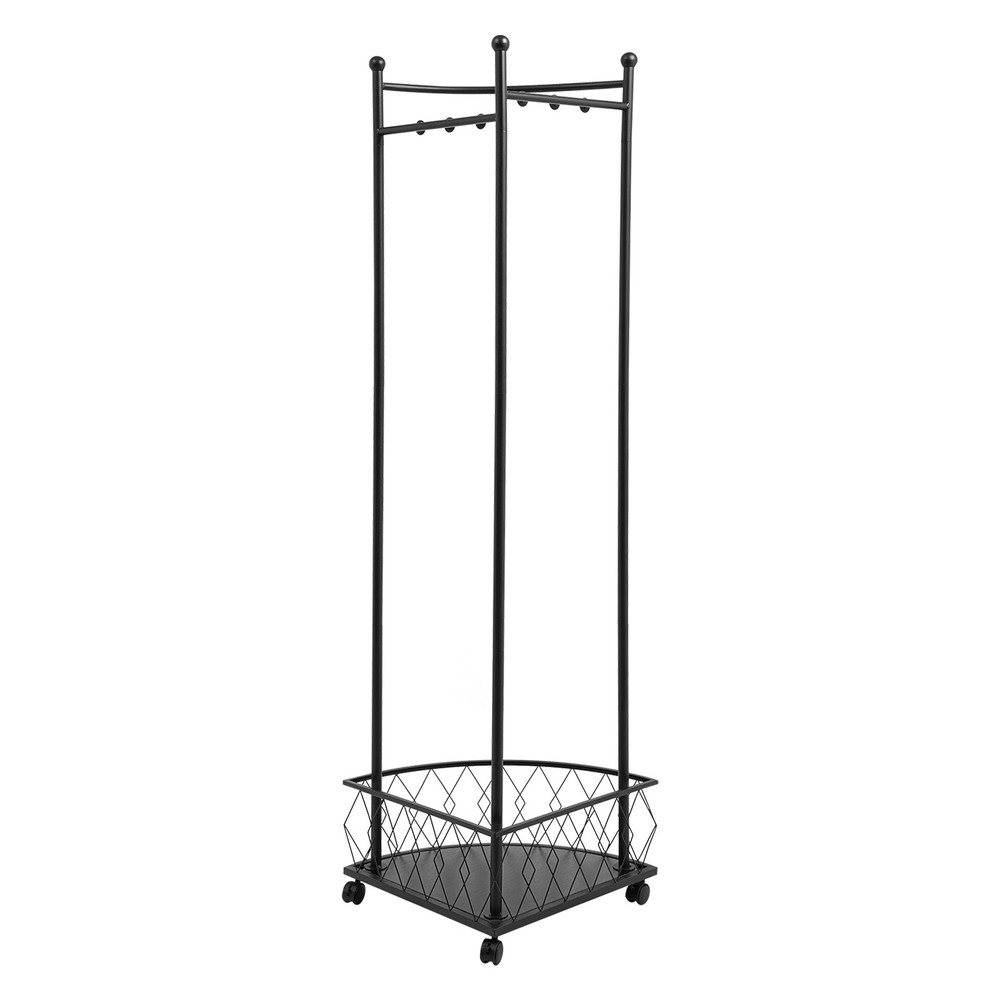 Rolling Corner Clothes Rack Mobile Coat Storage Stand Floor Standing Cloth Shelf