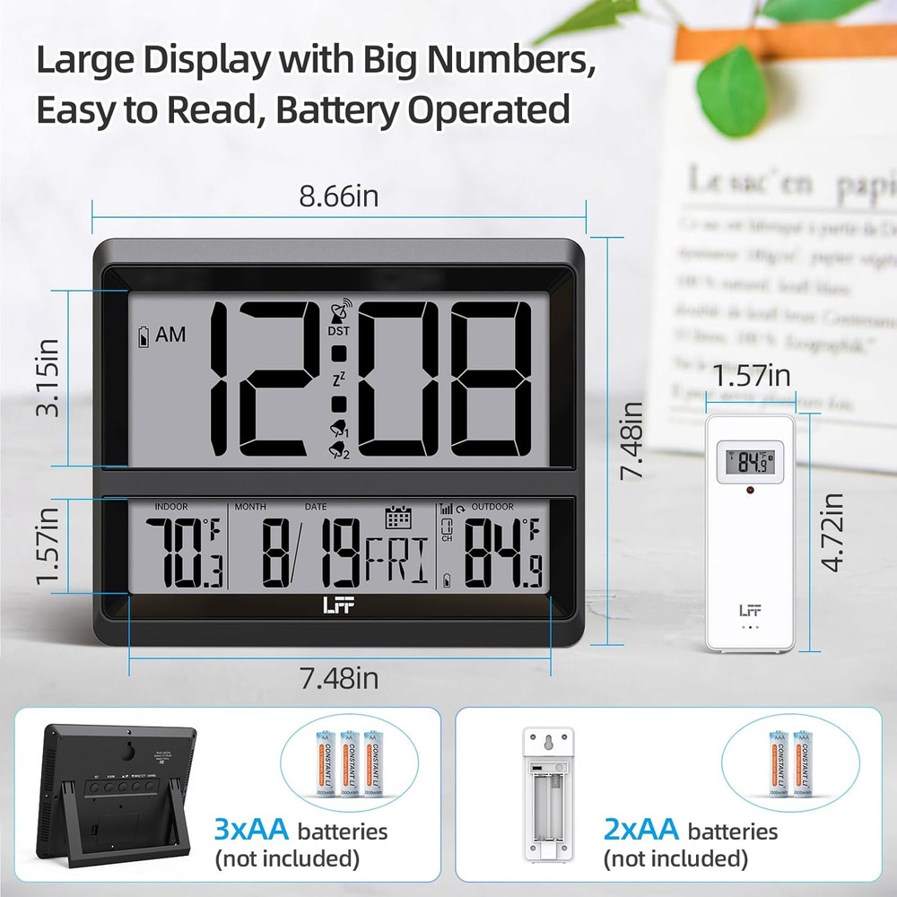 Atomic Clock Large Display, Digital Wall Clock with Indoor Outdoor Temperature a