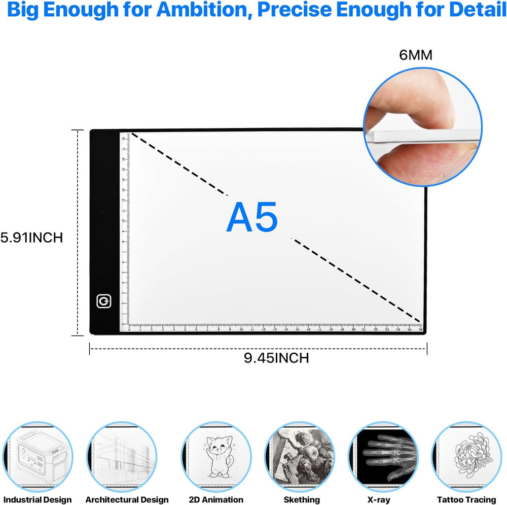 A5 LED Light Box for Tracing and Drawing - Ultra-Thin Adjustable Light Table