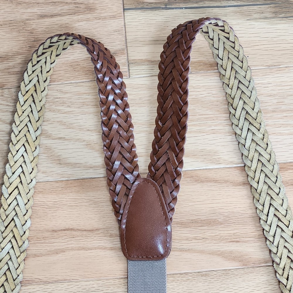 Braided Split Leather Stretch Y-Back Button Down Suspenders Braces Adjustable
