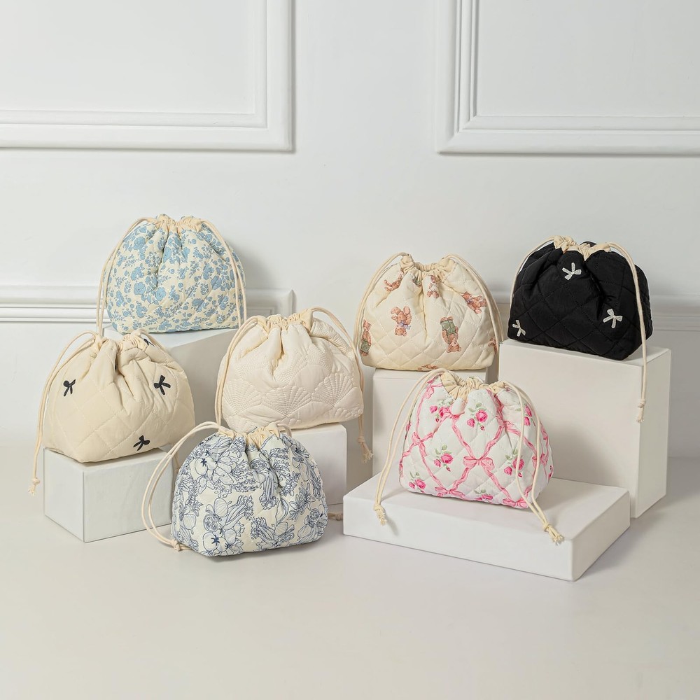 Cotton Quilted Drawstring Makeup Bag with Canvas Lining,Coquette Aesthetic Cute