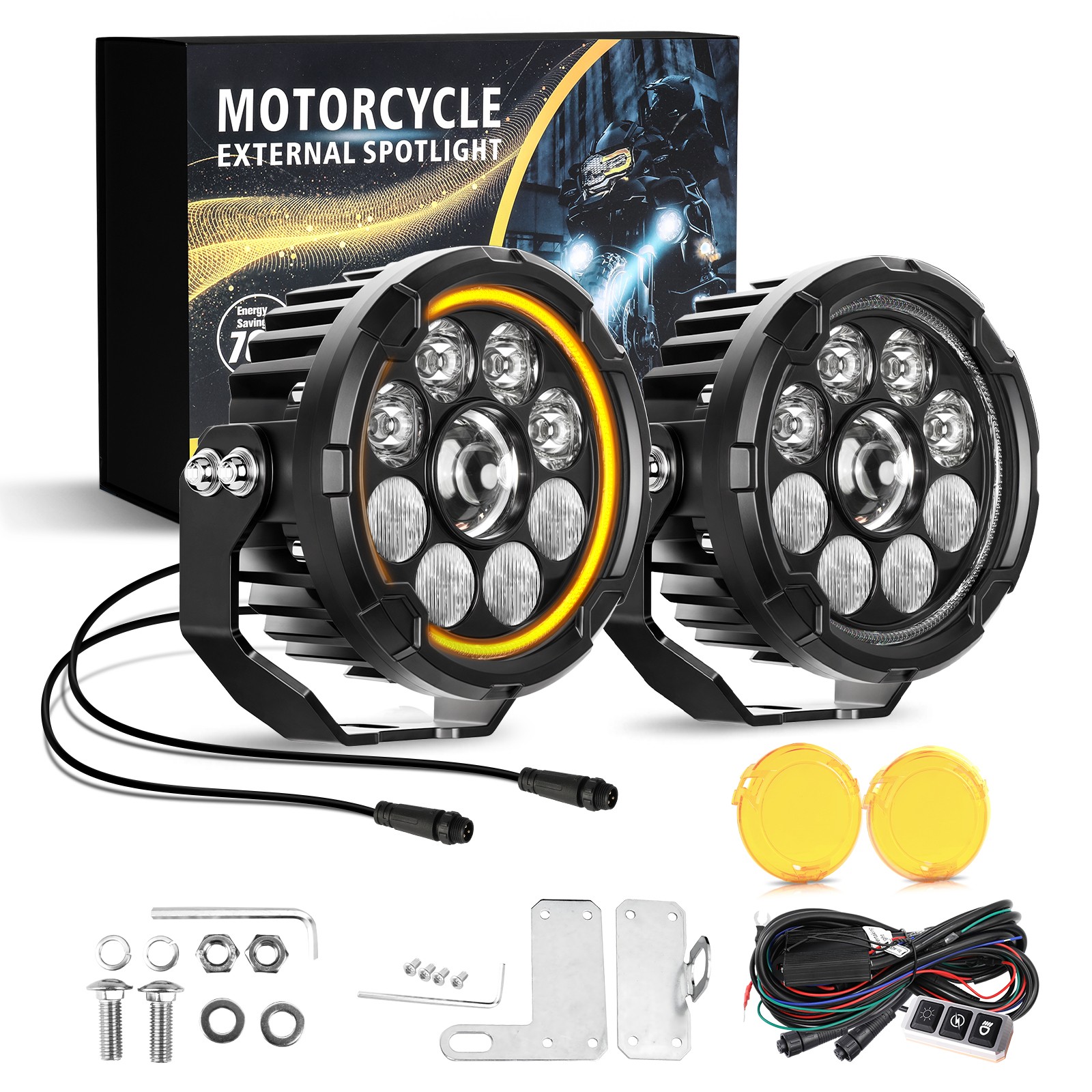 Pair Yellow White Motorcycle LED Spot Light Auxiliary Headlight Fog Driving Lamp