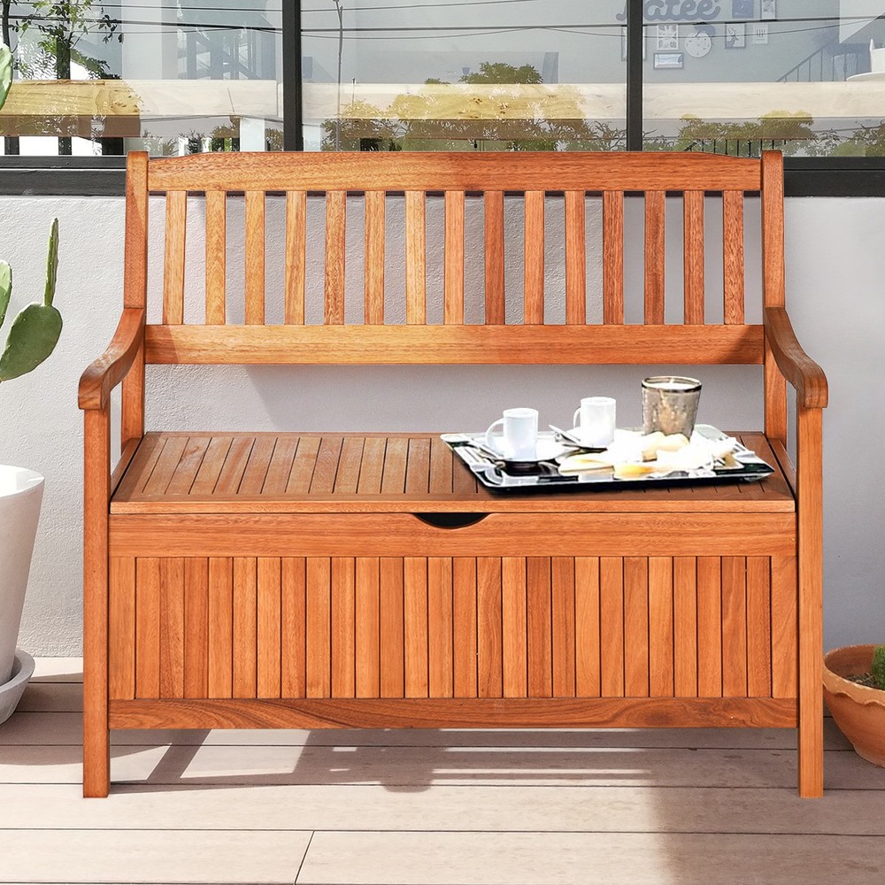 42" Storage Bench Deck Box Solid Wood Seating Container Tools Toys W/Backrest