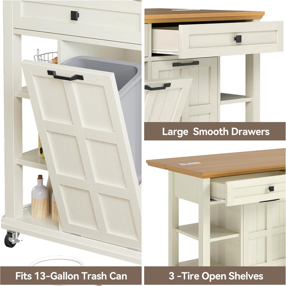 Mobile Kitchen Island with Drop Leaf & Trash Can, Off White Storage Table
