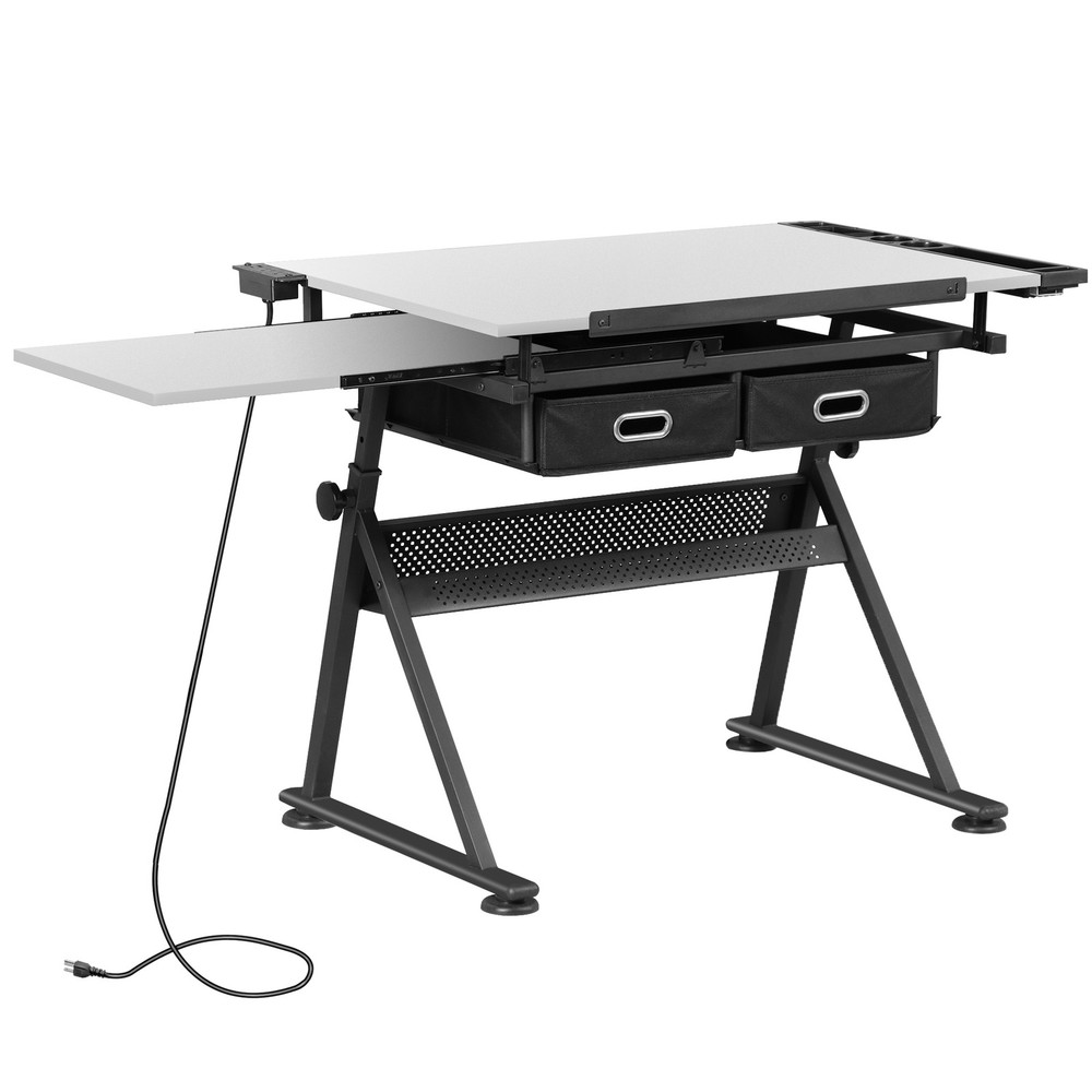 Drafting Table Artist Drawing Table with Outlet Writing Desk with Stool White