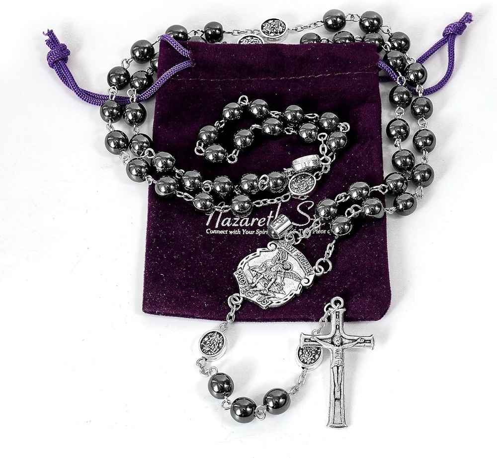 Hematite Black Stone Beads Rosary Necklace with St Michael Centerpiece, Crucifix