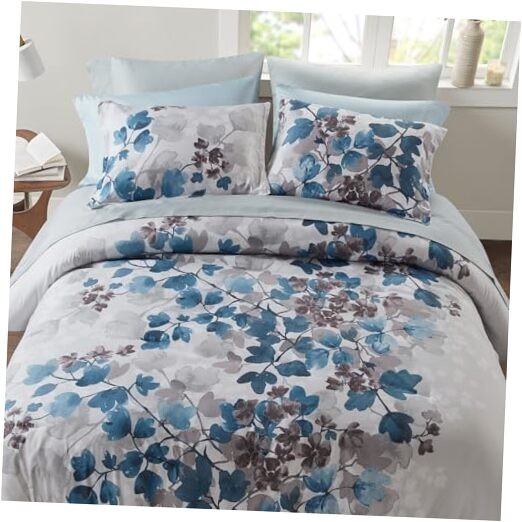 Comforter Set with Sheets, Floral Bed in A Bag Soft Microfiber Full Leaf Blue