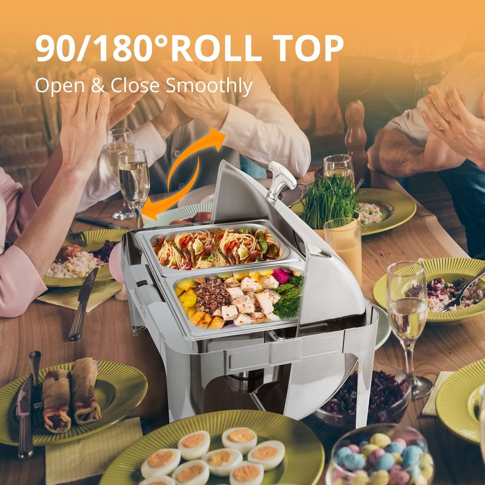 Roll Top Chafing Dish Buffet Set,NSF 9 Quart Rectangular Stainless Steel Chaf...