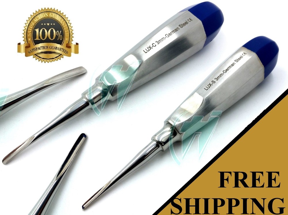 2 pk German Stainless Root Tip Dental Extracting Elevators Straight & Curved 3mm