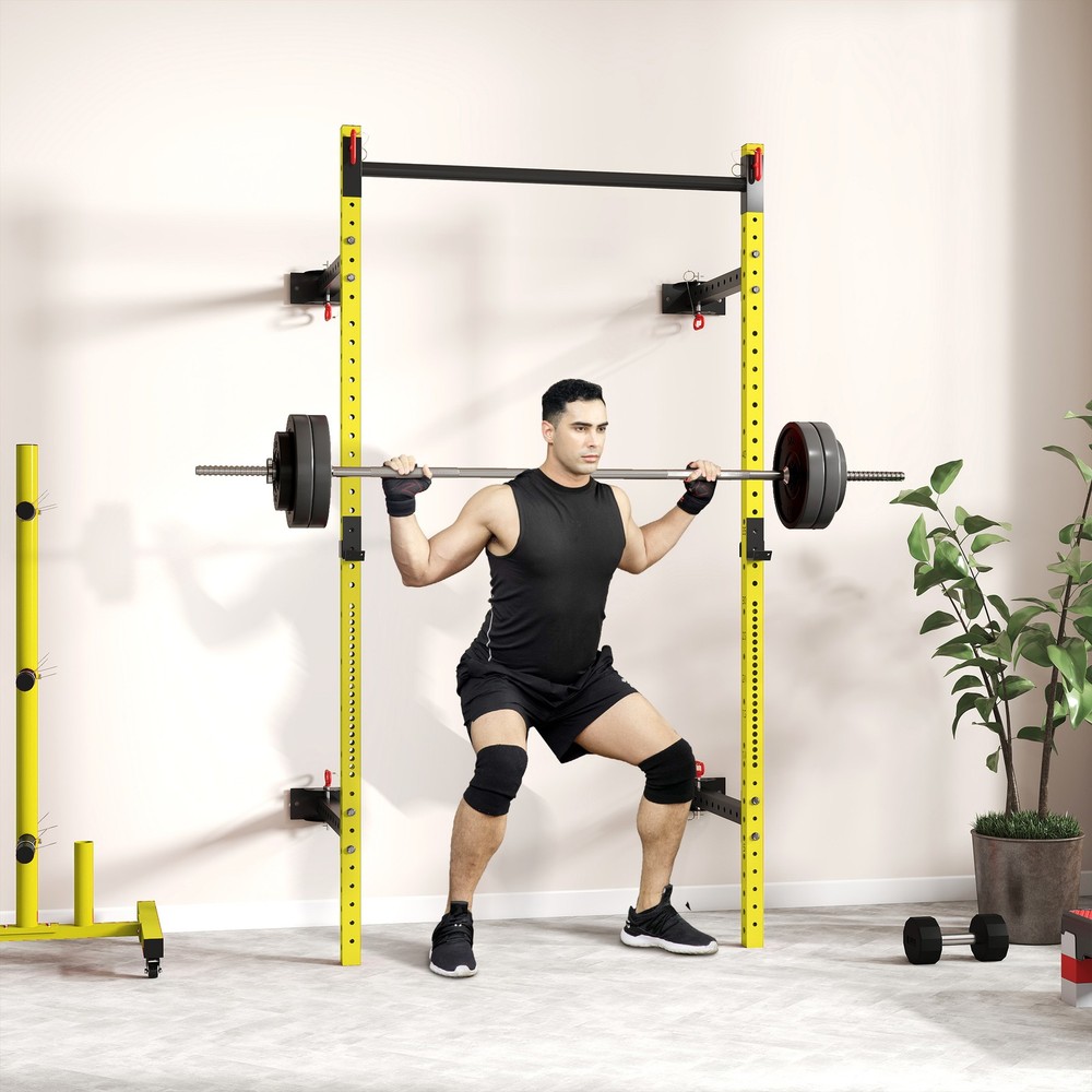 Folding Squat Rack with Pull Up Bar, 1000 Pounds Capacity, Yellow