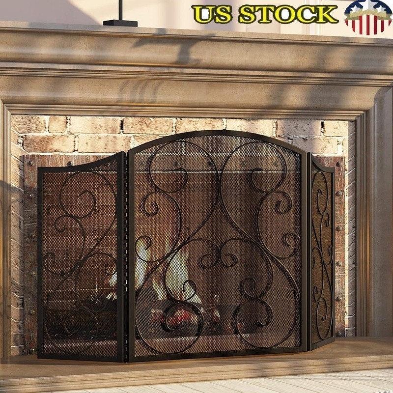 3 Panel Foldable Fireplace Screen Spark Guard Metal Protection Safety Decor New