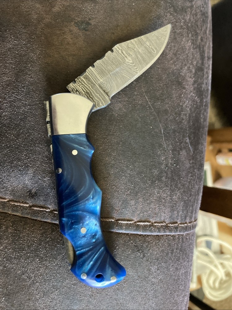 Damascus Blade Folding 2 1/4 In Blade Blue