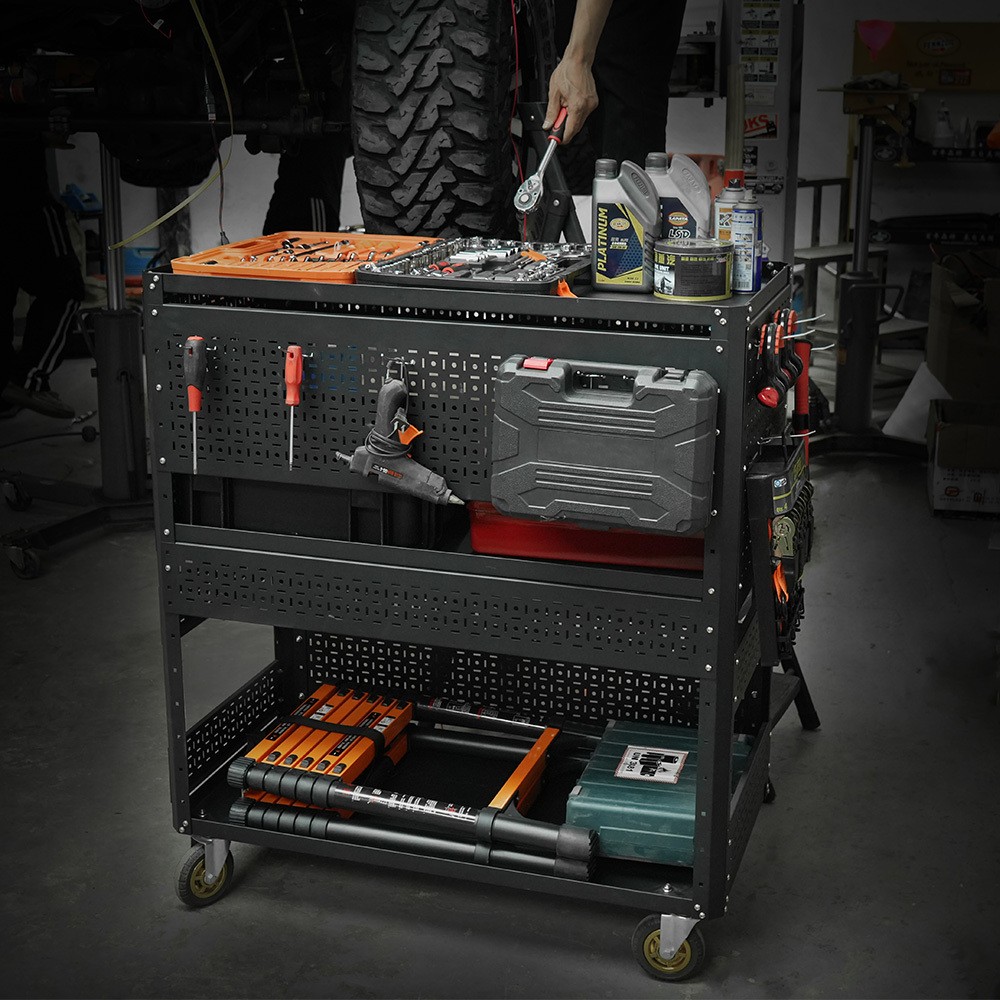 3-Tier Rolling Tool Cart with 4 Trays Mechanic Cart on Wheels 500-Lb Capacity