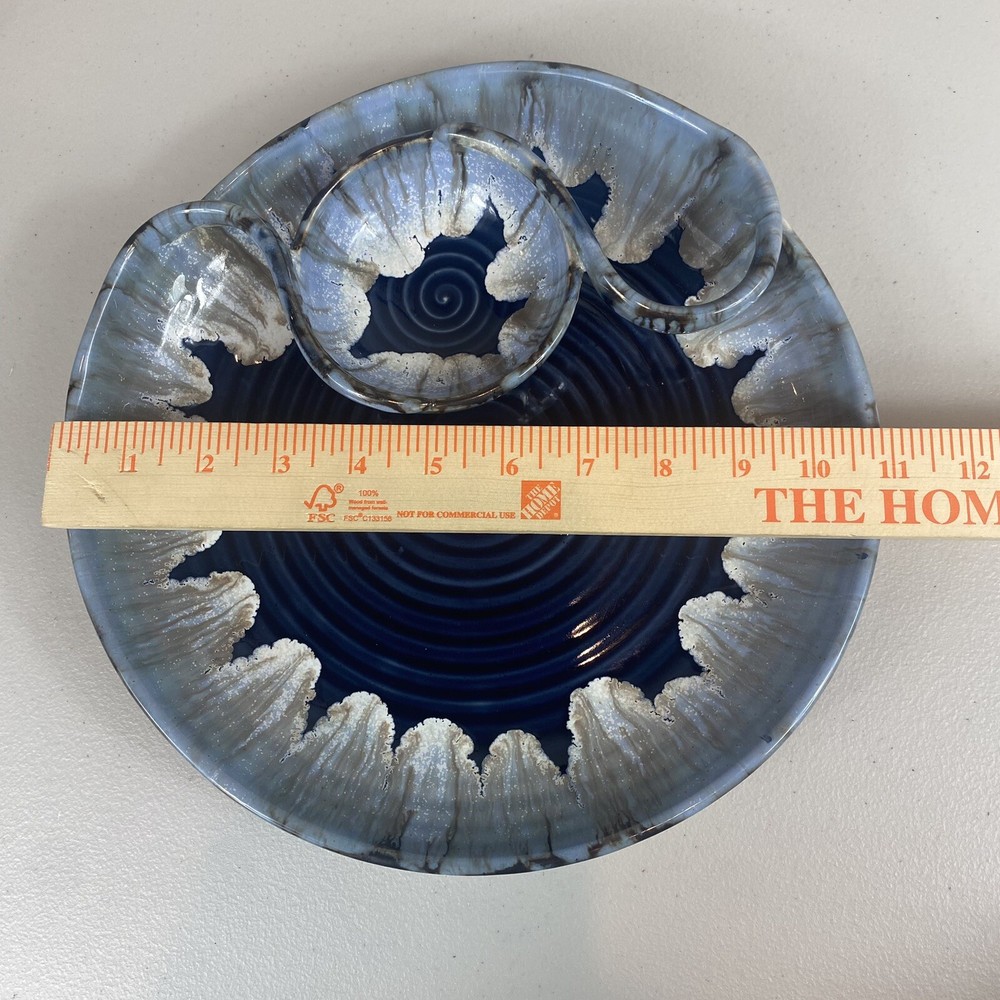 Ceramic Chip and Dip Platter Unique Blue Pottery Serving Dish