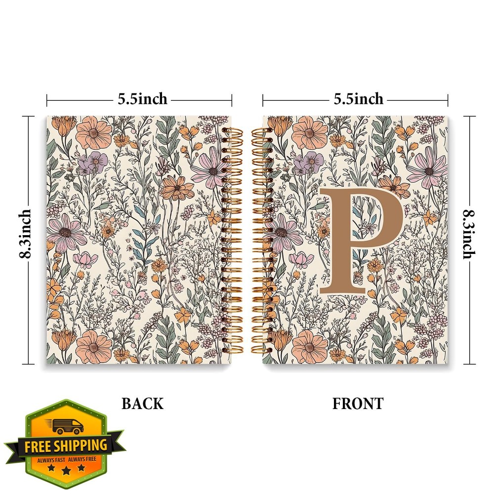 JXREQ Boho Floral Initial P Notebook Journal, Monogrammed 5.5x8.3"