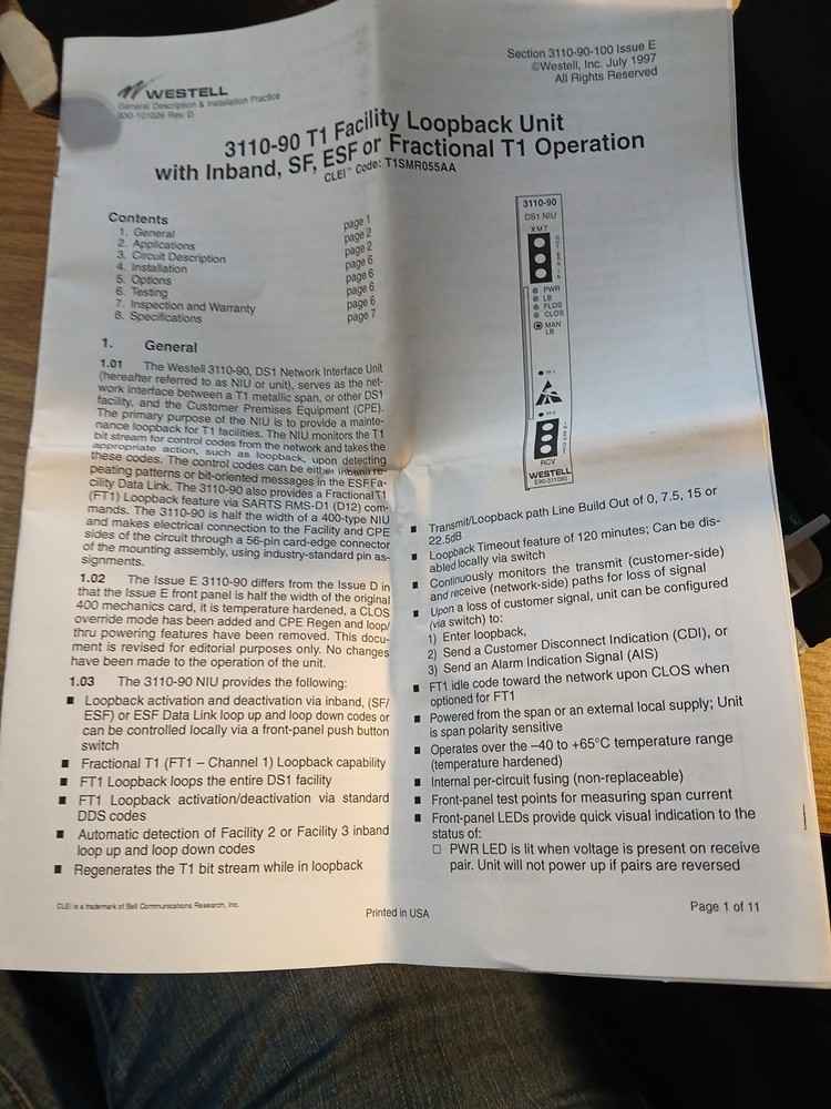 WESTELL E90-311090 DS1 NIU INTERFACE UNIT MODULE