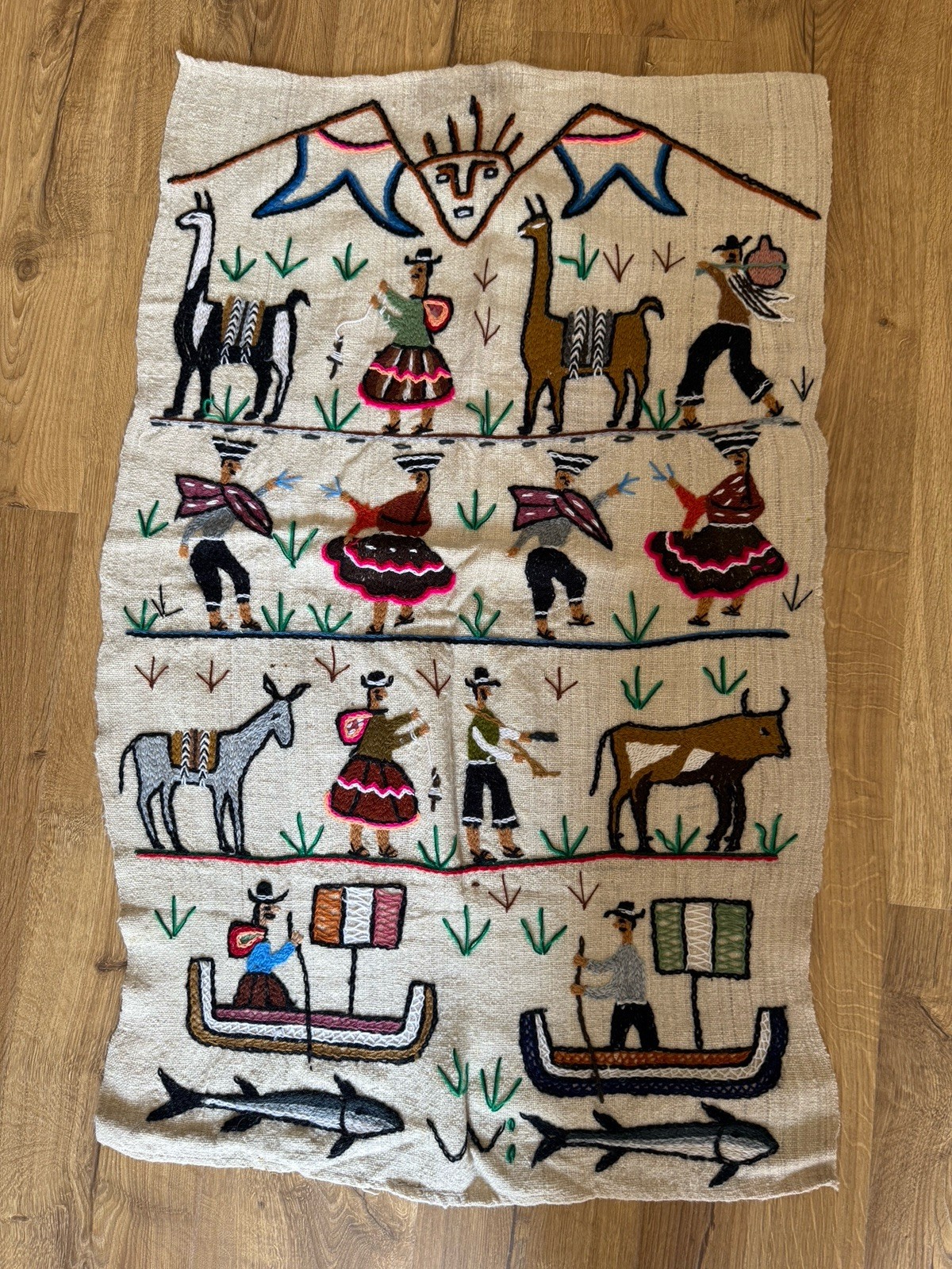 Vintage Peruvian Embroidered Wool Tapestry Wedding Celebration 39x24”