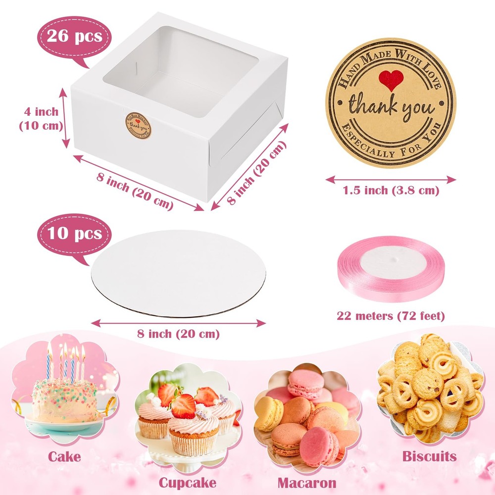 26pcs 8x8x4 Inches Cake Boxes White Bakery Boxes, White Bread Boxes with Wind...