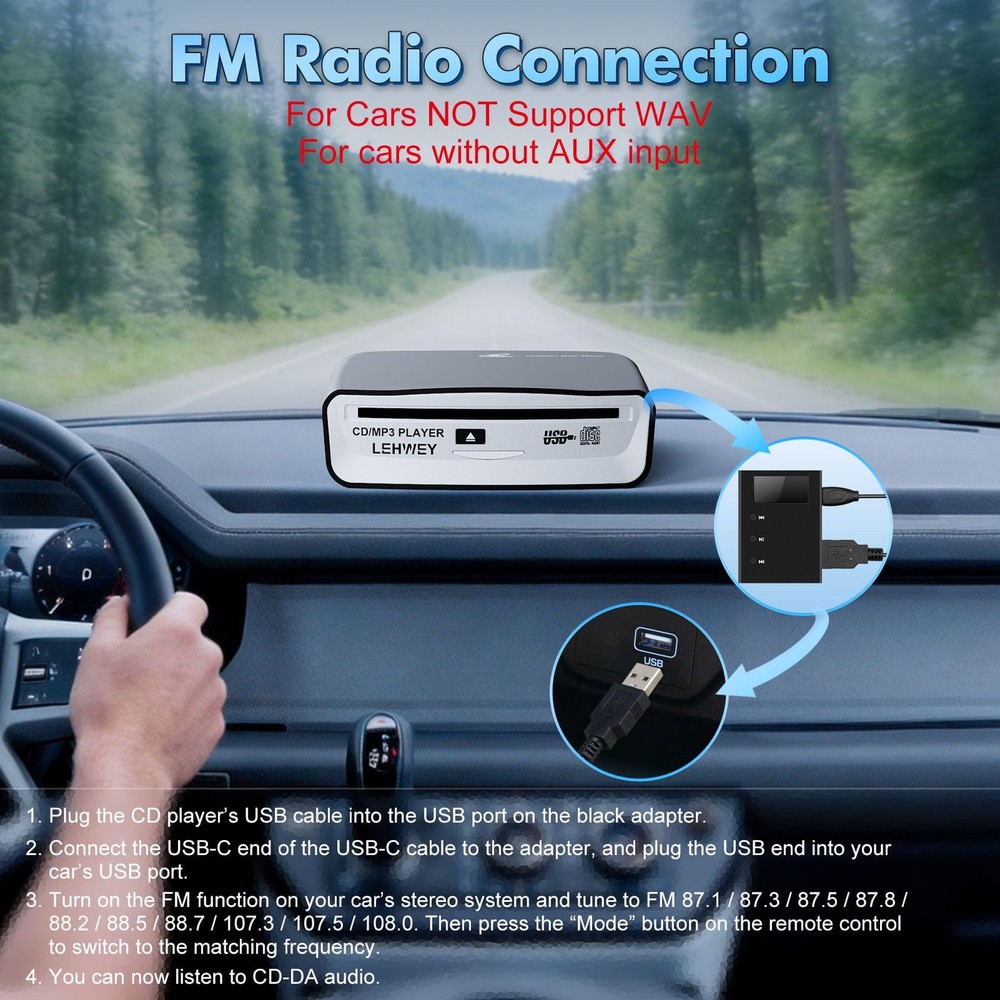 External Universal CD Player for Car - Lehwey Portable Car CD Remote Control,