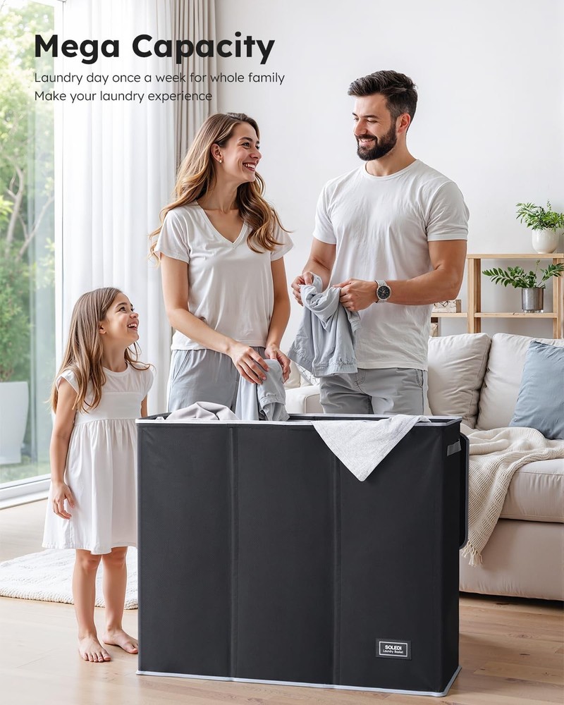 160L 3 Section Laundry Hamper with Lid Extra Large Clothes Basket Organizer