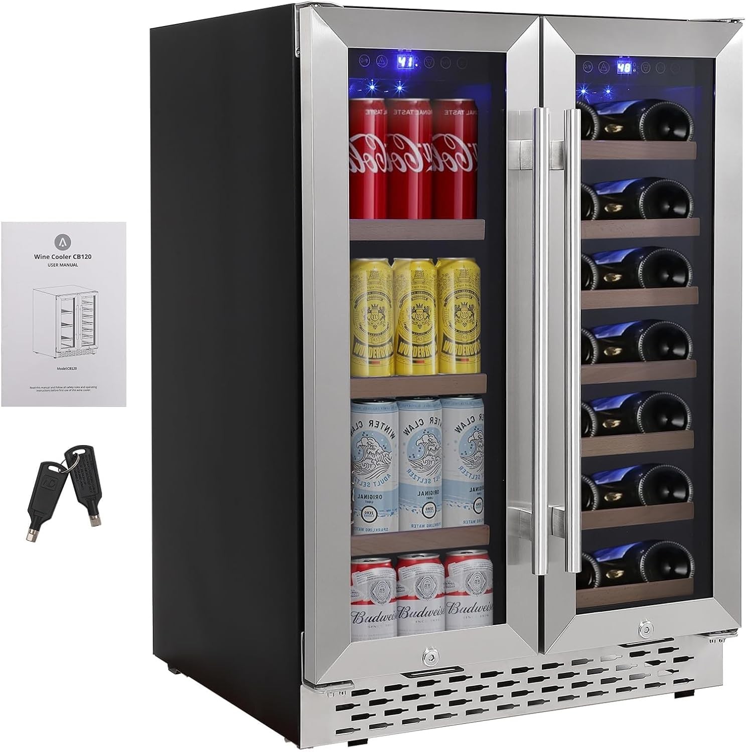 Wine and Beverage Refrigerator, 55 Cans & 20 Bottles Large Dual Zone Wine Cooler