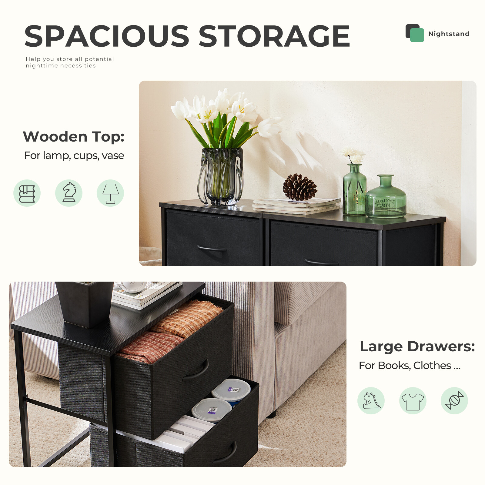 Set of 2 Nightstand End Tables with 2 Drawers - Small Dresser for Bedroom