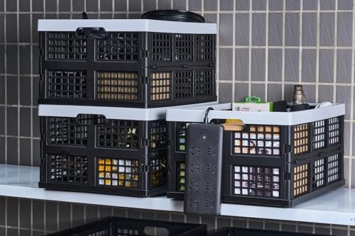 3-Pack Plastic Collapsible Storage Crates-30L,Foldable Plastic Black+Gray