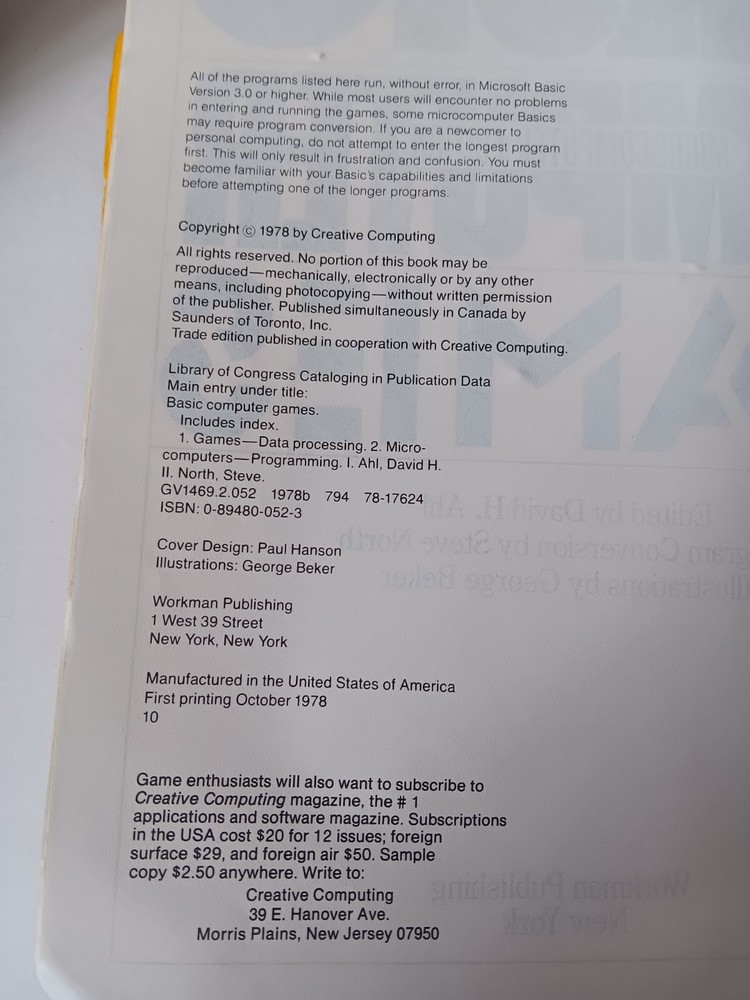 Basic Computer Games Micro Edition Creative Computing Softcover Book 101 Games