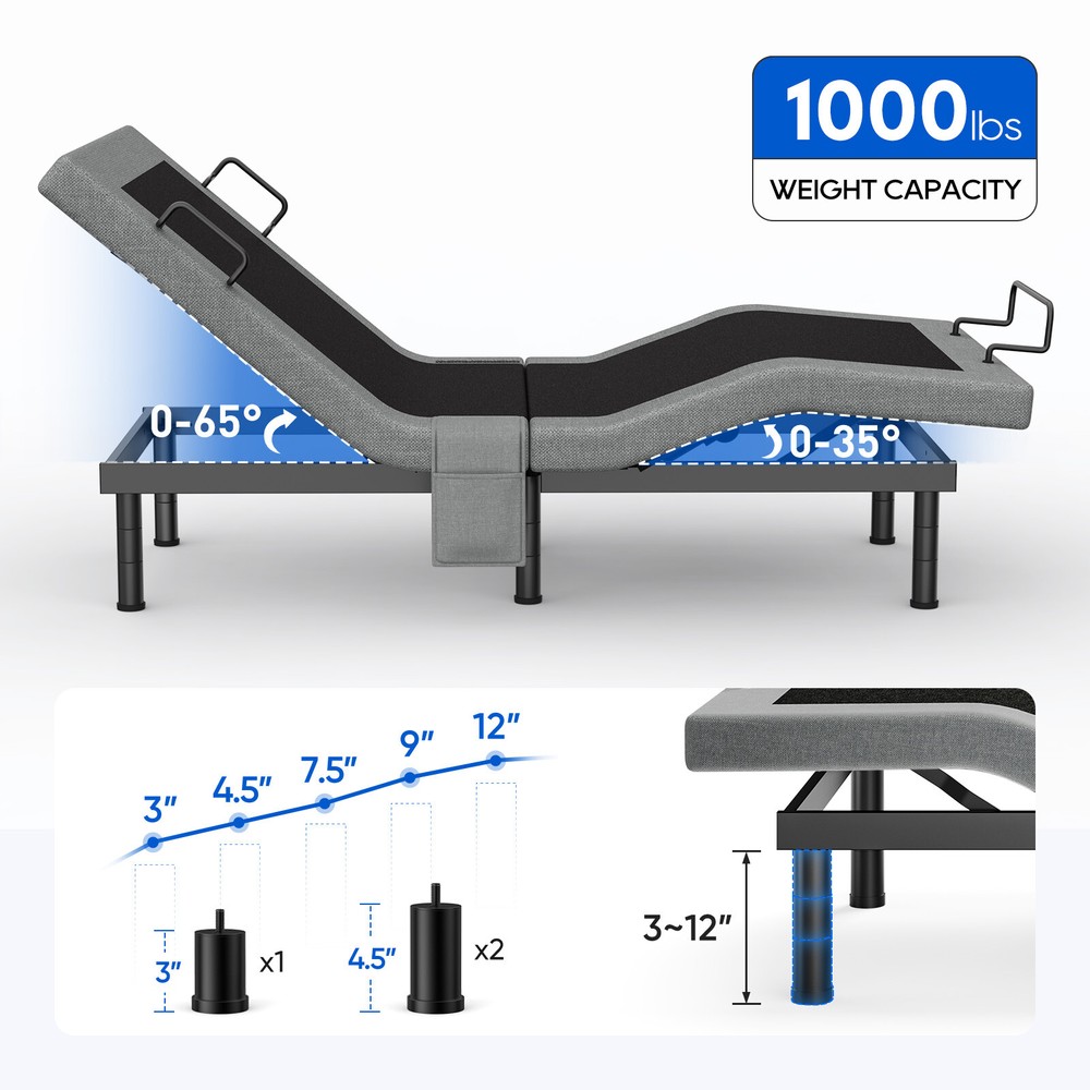 Advanced Adjustable Bed Frame Base With Massage Backlit Remote Dual Quiet Motor