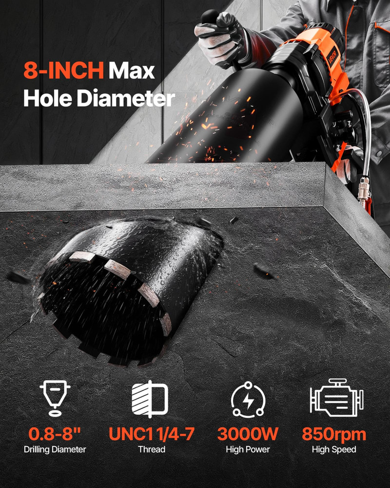 Diamond Core Drilling Machine, 0.8-8 in Drilling Diameter, 3000W
