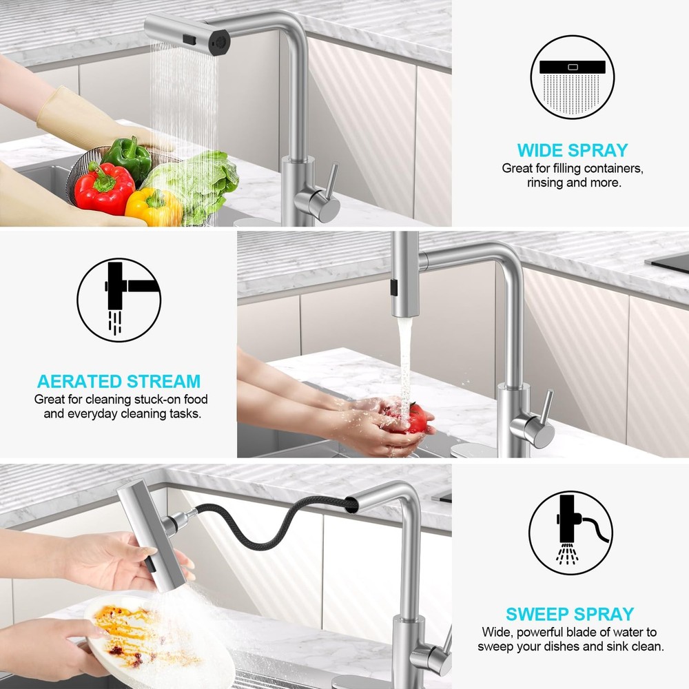 Brushed Nickel Kitchen Faucets with Pull Down Sprayer & Soap Dispenser, Singl...