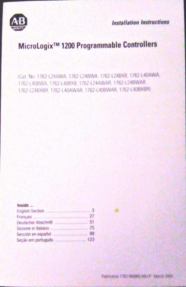 ALLEN BRADLEY INSTALLATION INSTRUCTIONS MICROLOGIX 1200 PROGRAMMABLE CONTROLLER