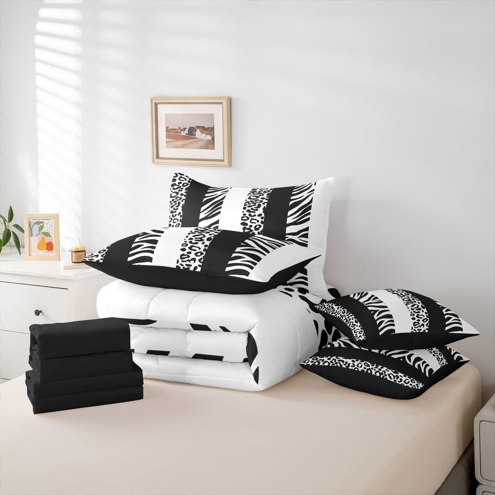 Zebra Stripes Comforter Set Size 7 Pieces Leopard Print Full Balck White