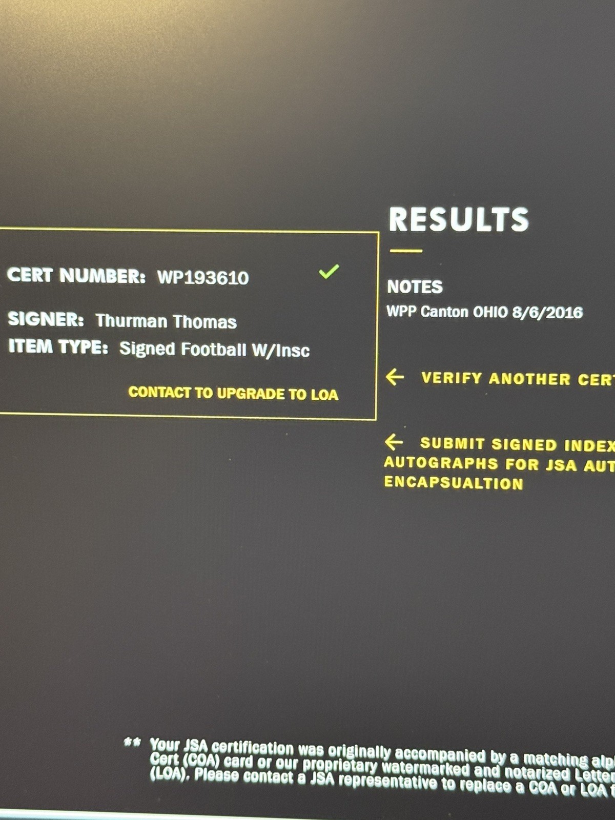 Thurman Thomas Signed Football JSA Buffalo Bills HoF 07 Inscription