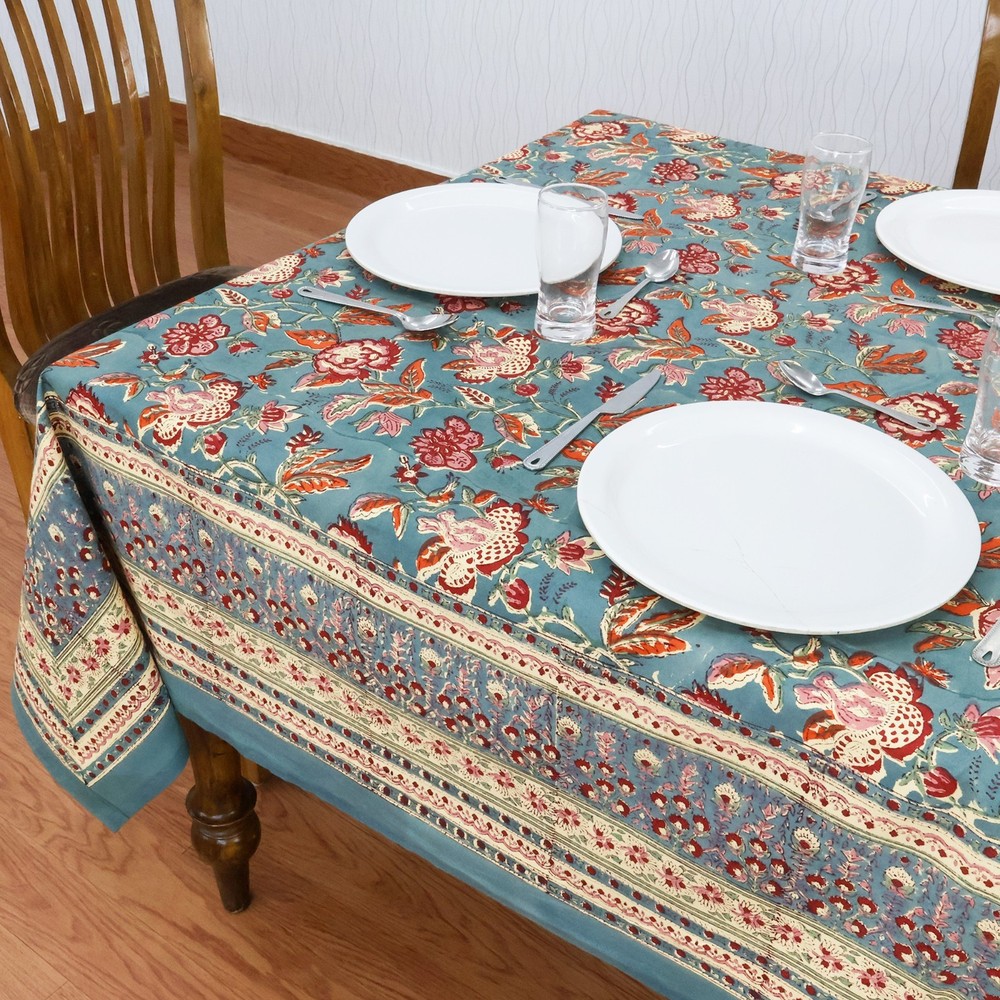 Blue & Green, Floral Block Printed Table Cover, Rectangular Christmas Tablecloth
