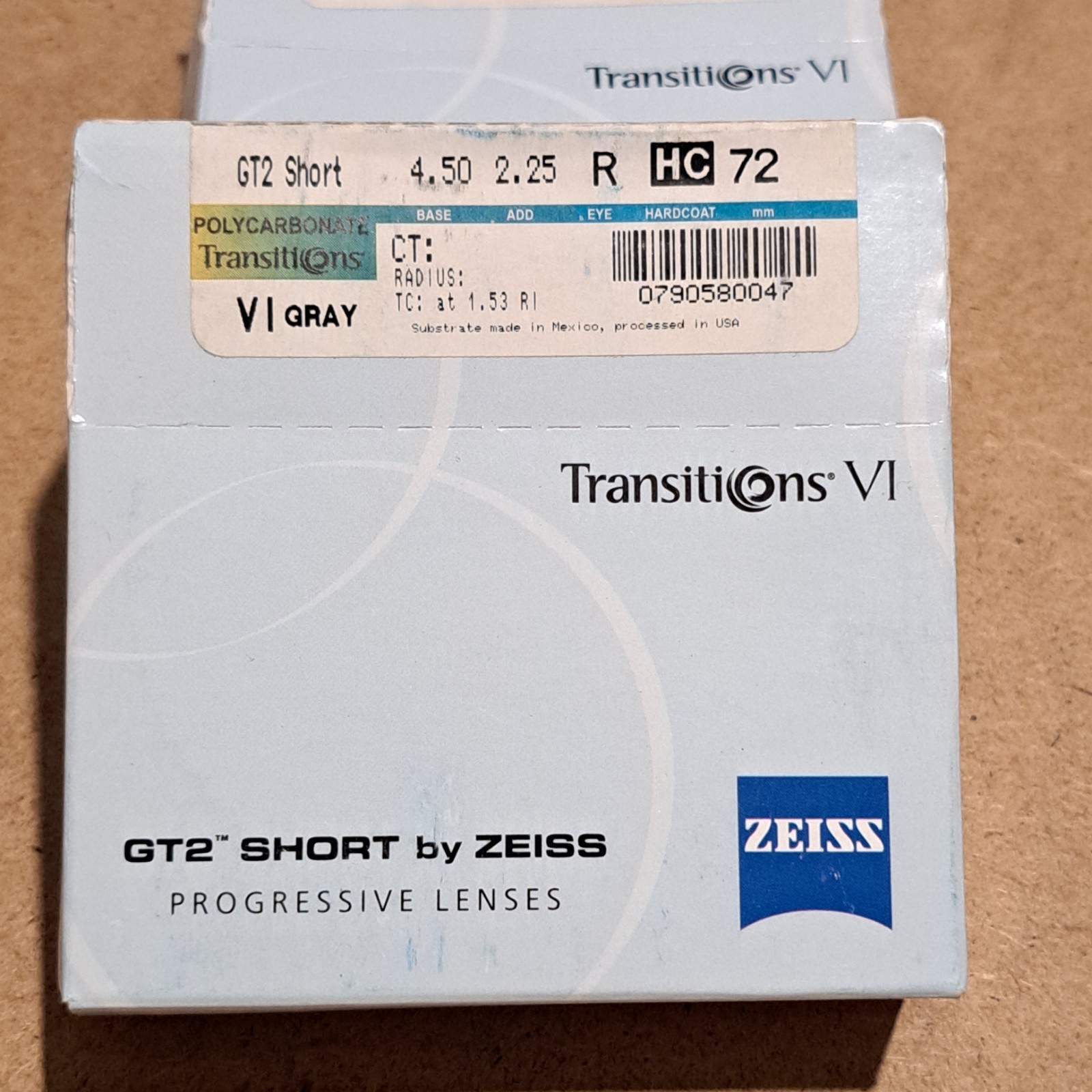 1 Pair Transitions VI GT2 Short Progressive Lenses By Zeiss Polycarbonate Blanks