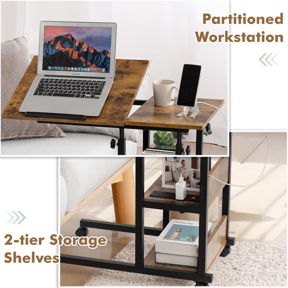 Adjustable C Table W/ Charging Station Tiltable Desk C Shaped End Table Couch